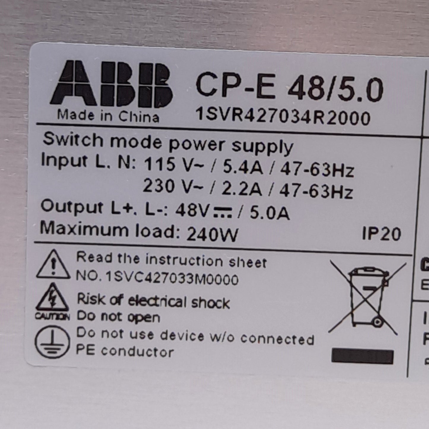 New ABB 1SVR427034R2000 CP-E 48/5.0 Power Supply, 115/230VAC In, 48VDC 5A 240W Out
