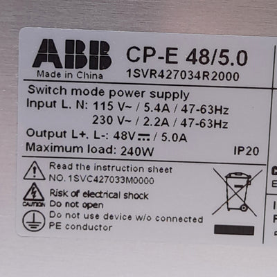 New ABB 1SVR427034R2000 CP-E 48/5.0 Power Supply, 115/230VAC In, 48VDC 5A 240W Out