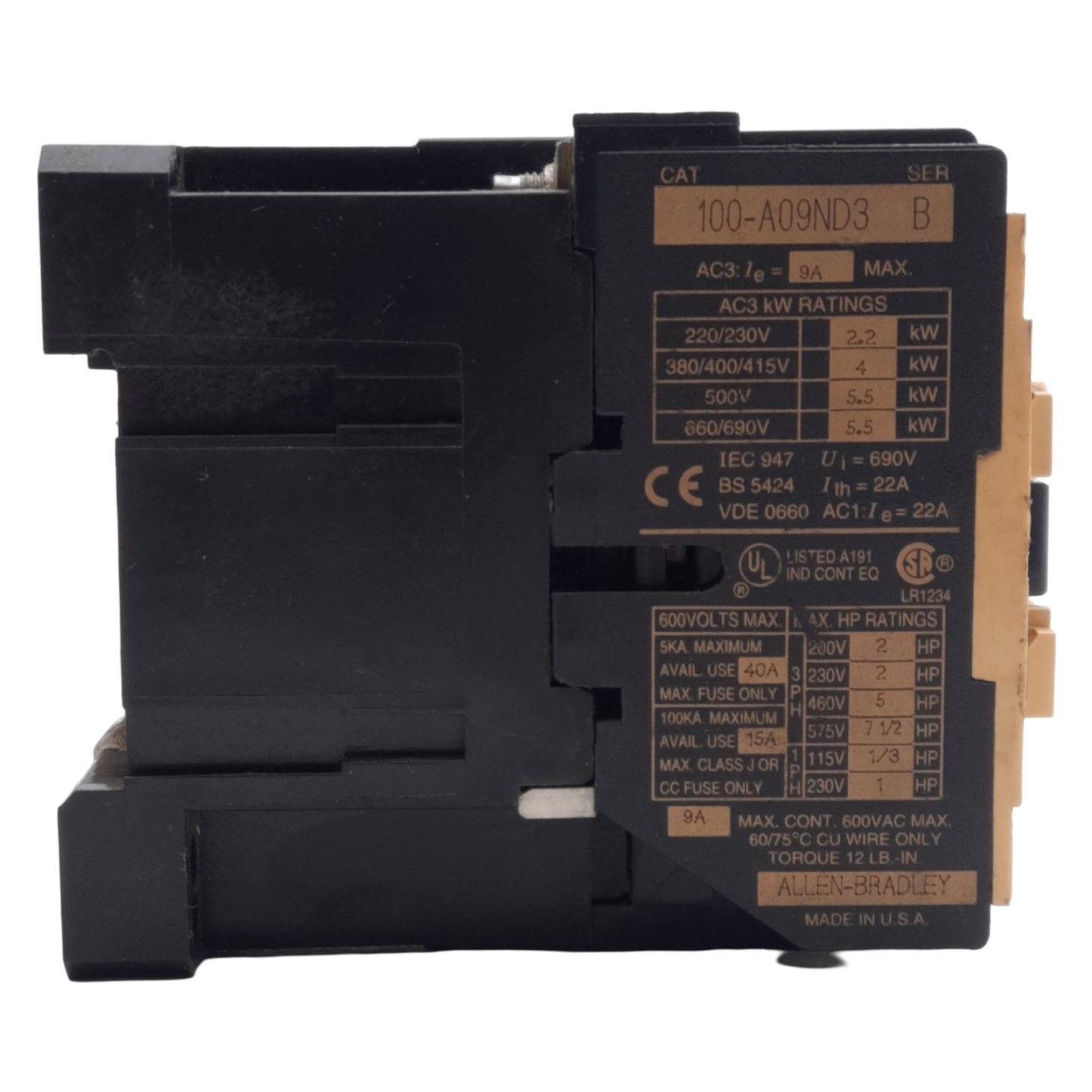Used Lot of 2 Allen Bradley 100-A09ND3 IEC Contactor, 3-Pole, 690VAC 9A, 120VAC Coil