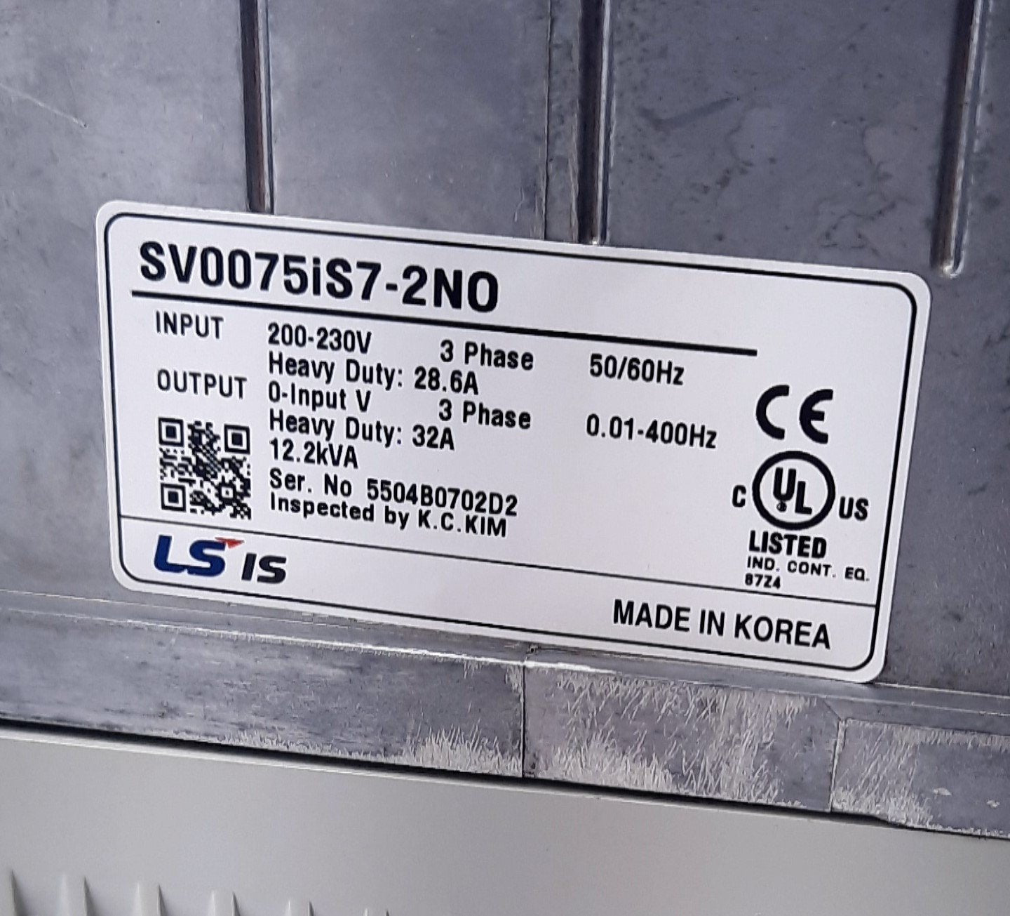 Used LS Electric SV0075iS7-2NO Variable Frequency Drive 3 Phase 240VAC 46A 32A
