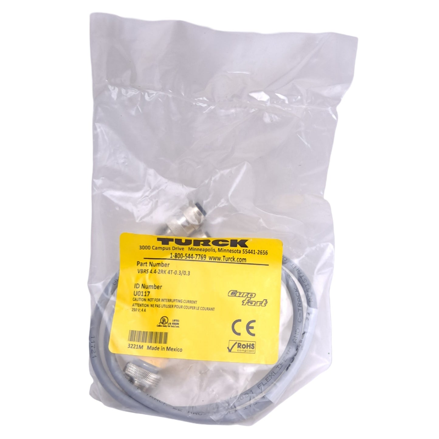 New Turck VBRS 4.4-2RK 4T-0.3/0.3 U0117 Splitter M12 4-Pin Male, 2x M12 4-Pin Female