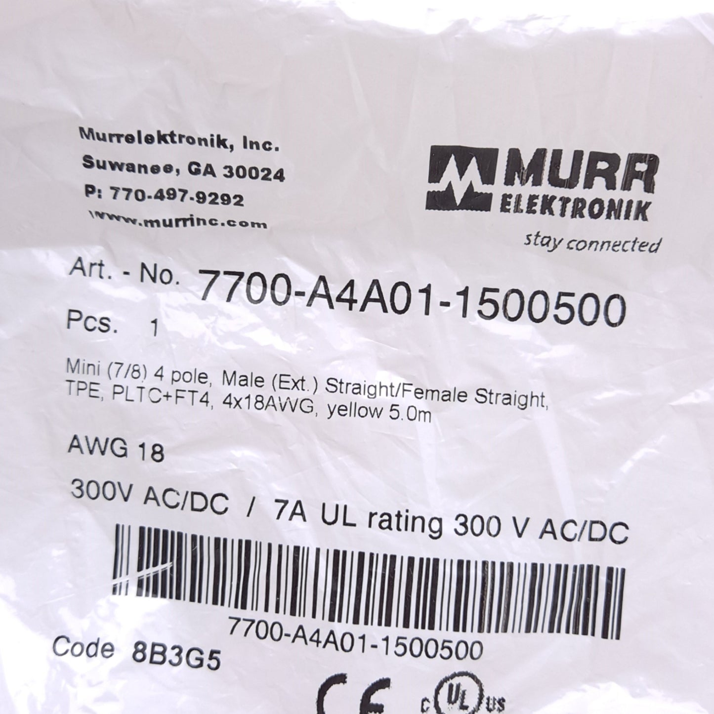 New Murr Elektronik 7700-A401-1500500 Cordset, Mini 7/8 4-Pin Male/Female 5m Length