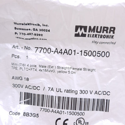 New Murr Elektronik 7700-A401-1500500 Cordset, Mini 7/8 4-Pin Male/Female 5m Length