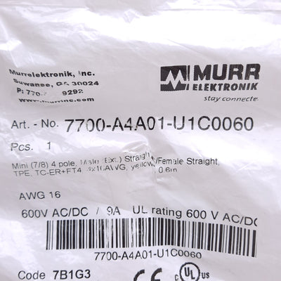 New Murr Elektronik 7700-A401-U1C0060 Cordset, Mini 7/8 4-Pin Male/Female, 0.6m