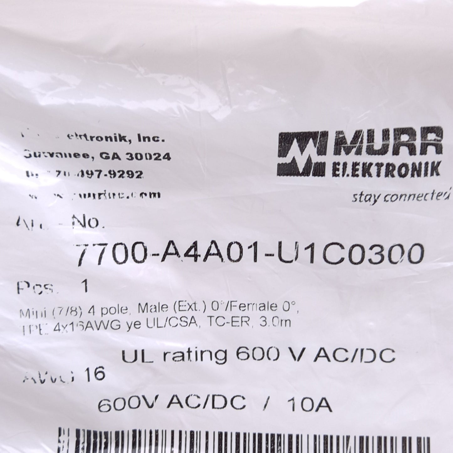 New Murr Elektronik 7700-A401-U1C0300 Cordset, Mini 7/8 4-Pin Male/Female, 3m Length