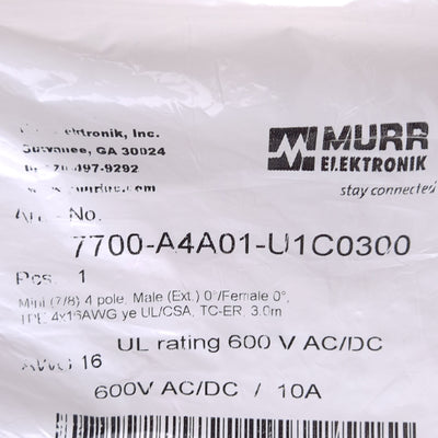 New Murr Elektronik 7700-A401-U1C0300 Cordset, Mini 7/8 4-Pin Male/Female, 3m Length