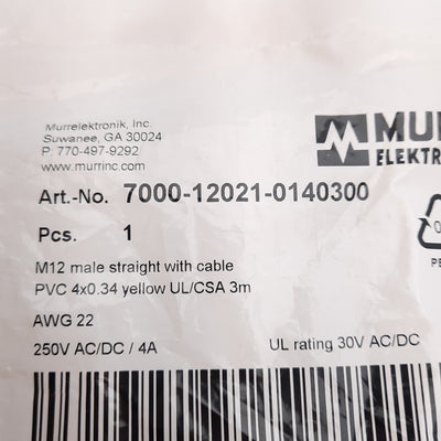 New – Open box Lot of 2 Murr Elektronik 7000-12021-0140300 Cordset, M12 4-Pin, 250VAC/DC 4A, 3m