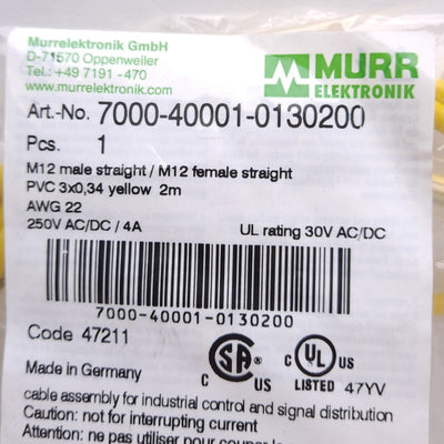 New Murr Elektronik 7000-40001-0130200 Cordset, M12 3-Pin Male/Female, 2m Length