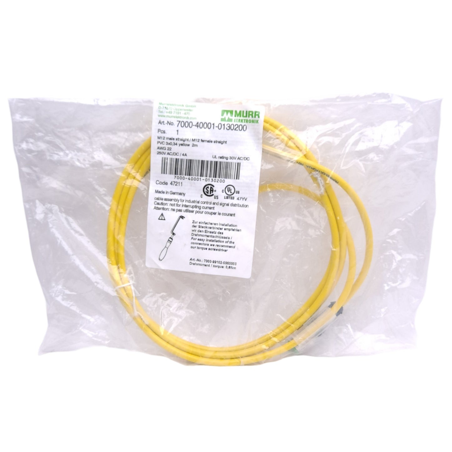 New Murr Elektronik 7000-40001-0130200 Cordset, M12 3-Pin Male/Female, 2m Length