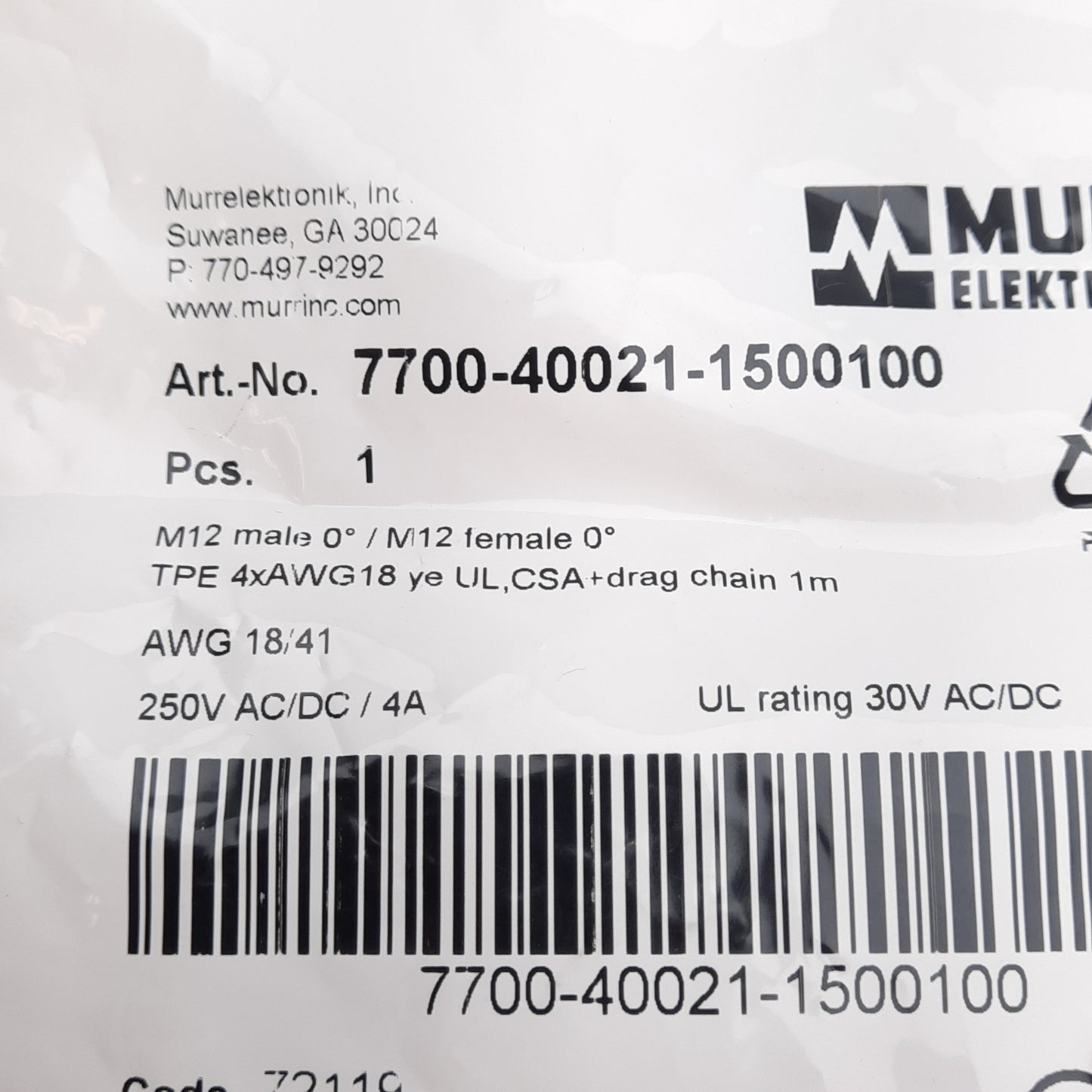 New Murr Elektronik 7000-40021-1500100 Cordset 250VAC/DC 4A M12 4-Pin Male to Female