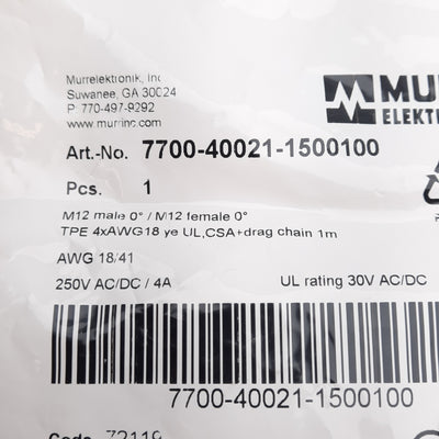 New Murr Elektronik 7000-40021-1500100 Cordset 250VAC/DC 4A M12 4-Pin Male to Female