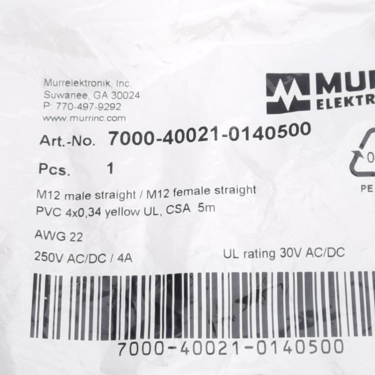 New Murr Elektronik 7000-40021-0140500 Cordset, 250VAC/DC 4A, M12 4-Pin, 5m