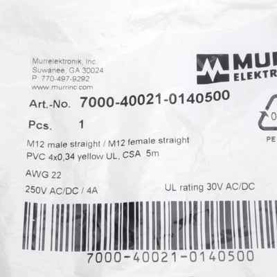 New Murr Elektronik 7000-40021-0140500 Cordset, 250VAC/DC 4A, M12 4-Pin, 5m