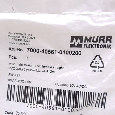 New Lot of 2 Murr Elektronik 7000-40561-0100200 Cable M12 3-Pin Male M8 3-Pin Female