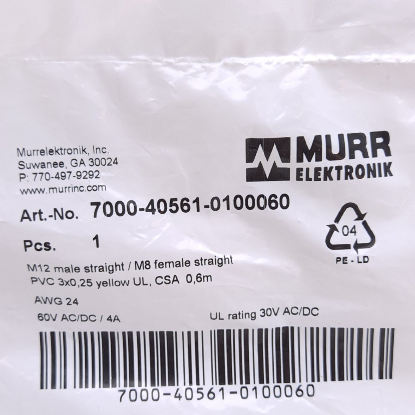 New Lot of 2 Murr Elektronik 7000-40561-0100060 Cable M12 3-Pin Male M8 3-Pin Female