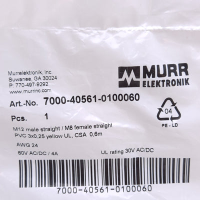 New Lot of 2 Murr Elektronik 7000-40561-0100060 Cable M12 3-Pin Male M8 3-Pin Female