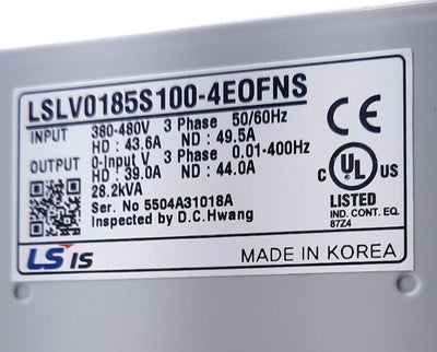 New LS Electric LSLV0185S100-4EOFNS Variable Frequency Drive 3 Phase 480VAC 44A 39A