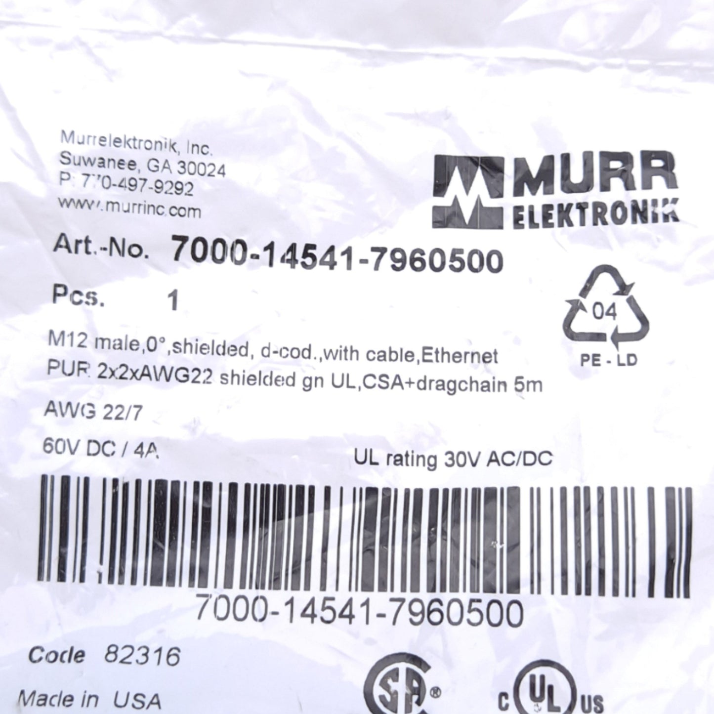 New Murr Elektronik 7000-14541-7960500 Cordset, M12 4-Pin Male to Flying Leads, 5m