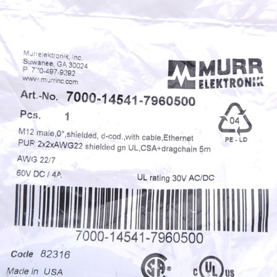 New Murr Elektronik 7000-14541-7960500 Cordset, M12 4-Pin Male to Flying Leads, 5m