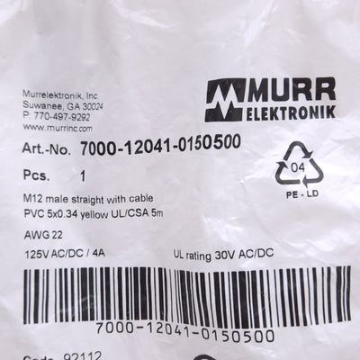 New Murr Elektronik 7000-12041-0150500 Cordset, M12 5-Pin Male to Flying Leads, 5m