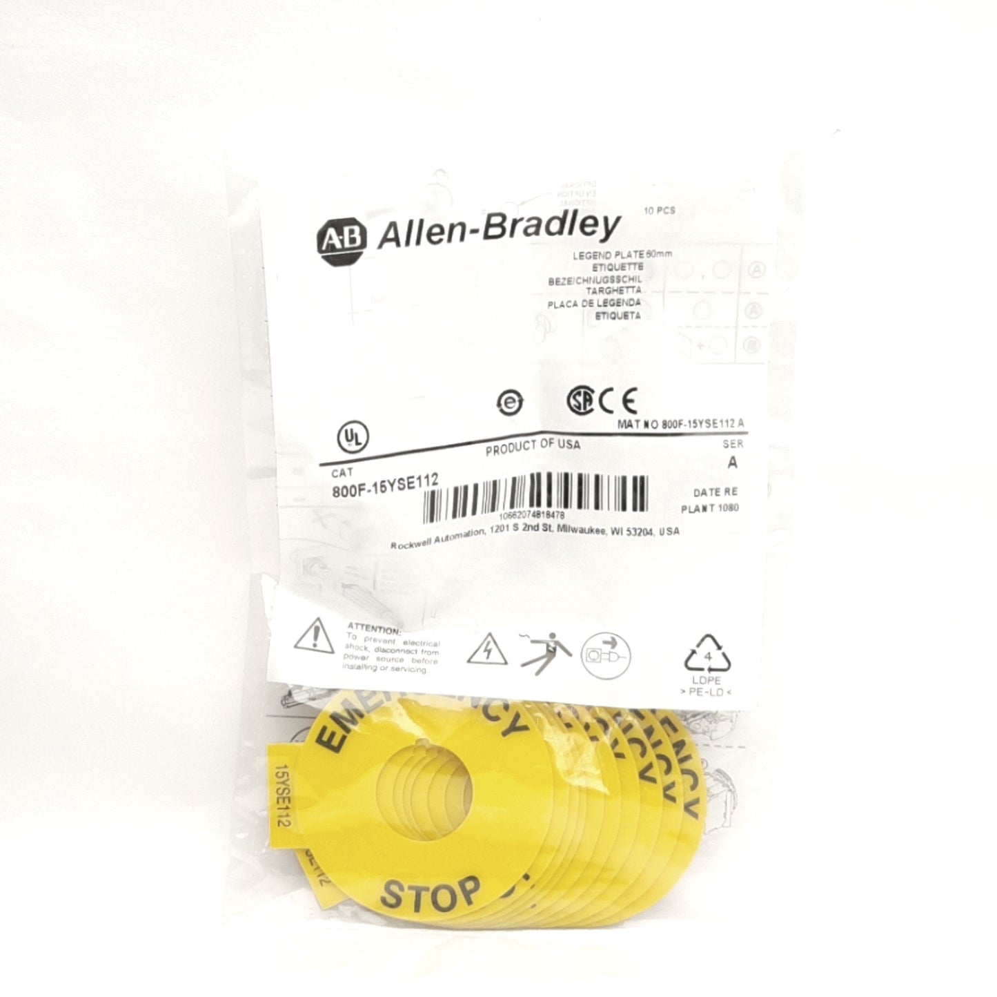 New Lot of 10 Allen Bradley 800F-15YSE112 22mm Pushbutton "Emergency Stop" Legends