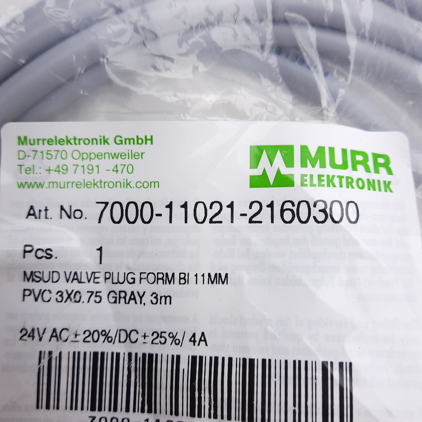 New Lot of 2 Murr Elektronik 7000-11021-2160300 MSUD Valve Plug Cable, 24VAC/DC, 3m