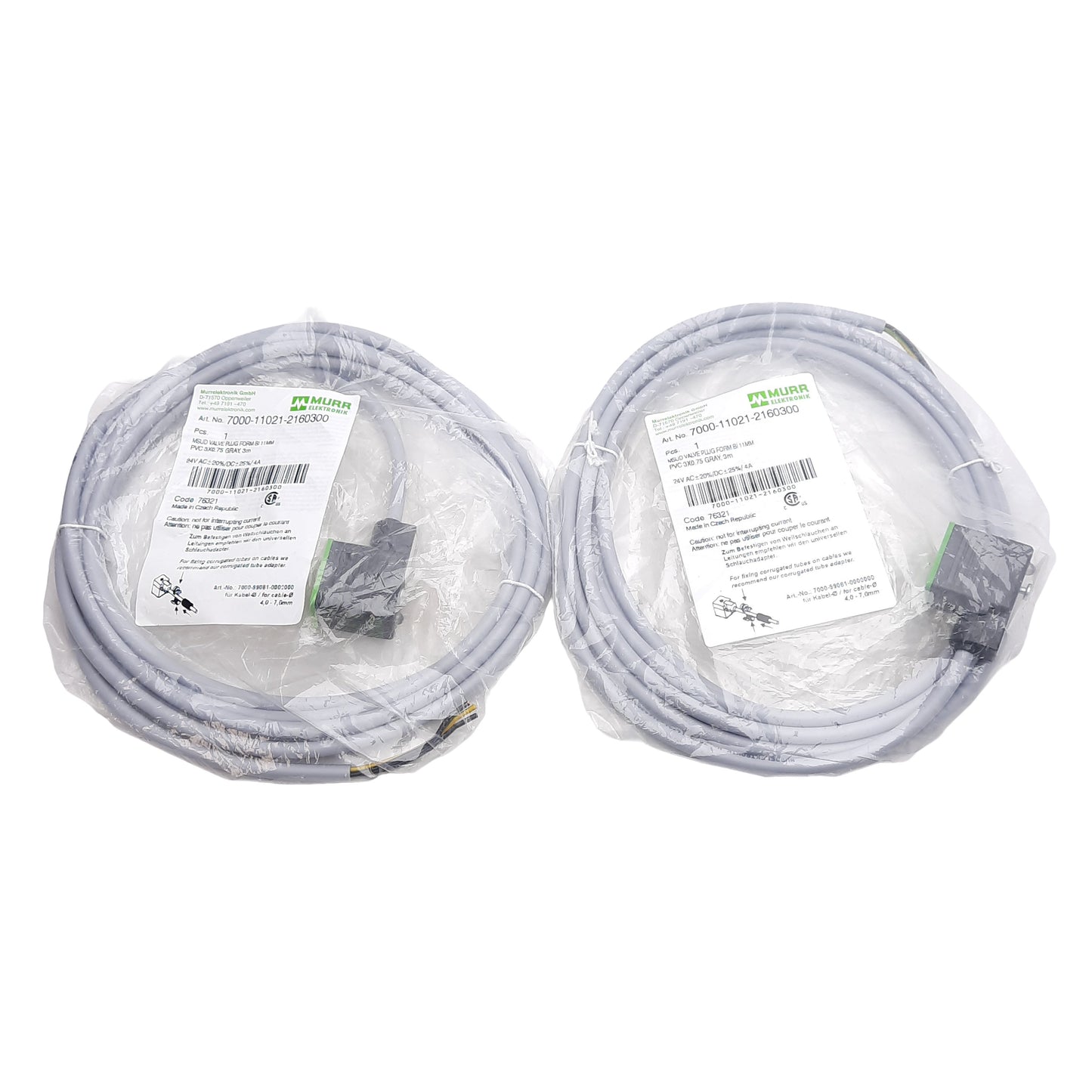 New Lot of 2 Murr Elektronik 7000-11021-2160300 MSUD Valve Plug Cable, 24VAC/DC, 3m