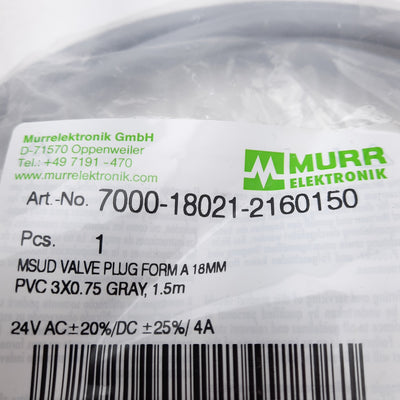 New Lot of 2 Murr Elektronik 7000-18021-2160150 MSUD Valve Plug Cable, 24VAC/DC 1.5m