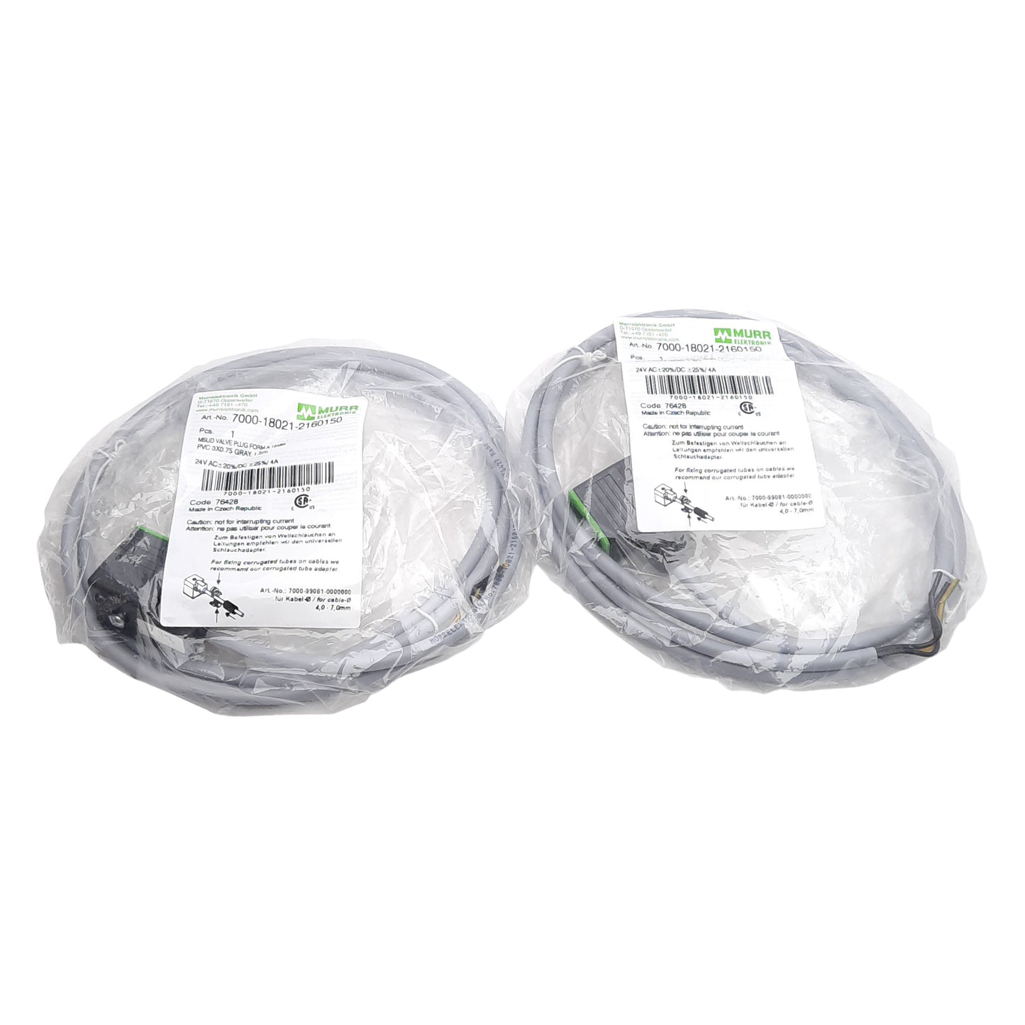 New Lot of 2 Murr Elektronik 7000-18021-2160150 MSUD Valve Plug Cable, 24VAC/DC 1.5m
