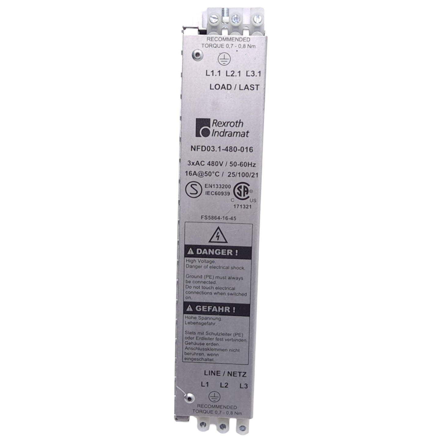 Used Rexroth Indramat NFD03.1-480-016 Power Line Filter, 480VAC 16A, For HCS02
