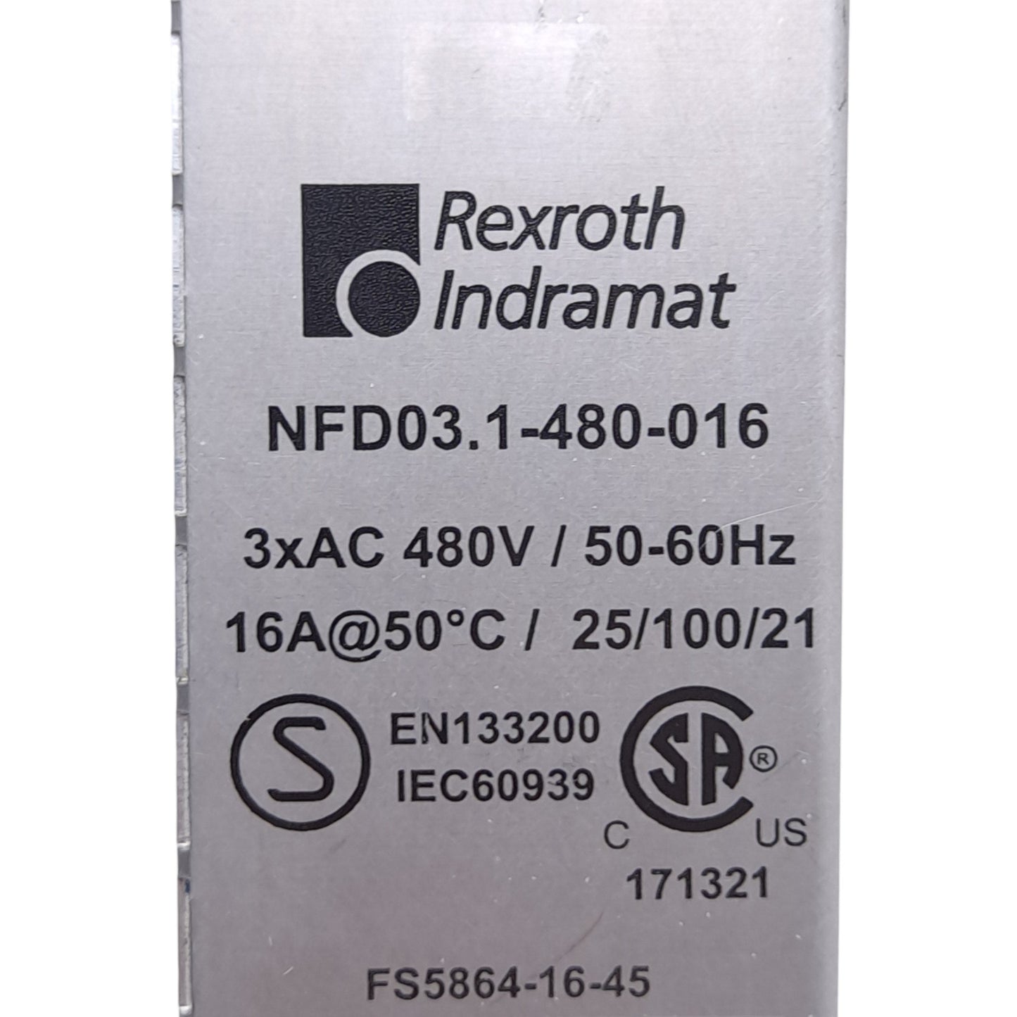 Used Rexroth Indramat NFD03.1-480-016 Power Line Filter, 480VAC 16A, For HCS02