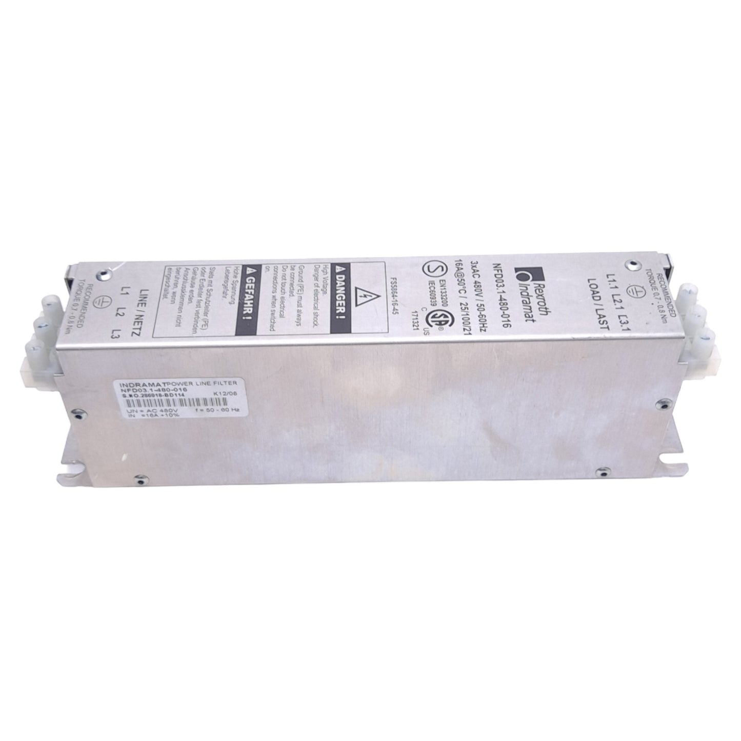 Used Rexroth Indramat NFD03.1-480-016 Power Line Filter, 480VAC 16A, For HCS02