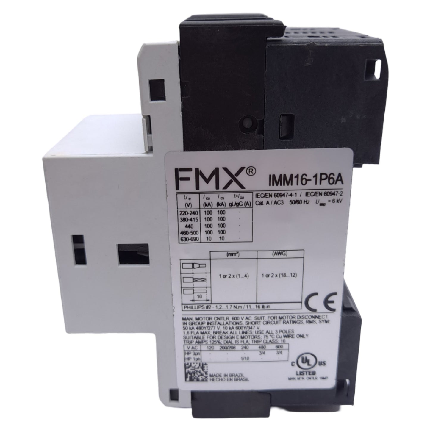 Used FMX IMM16-1P6A Motor Circuit Protector, 690V, 1.6A, DIN Rail, Screw Terminal