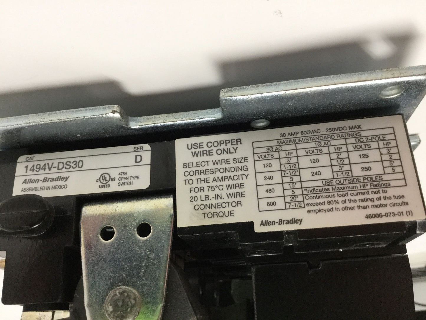 Used Allen Bradley 1494V-DS30 Disconnect Switch 30A 600VAC Right-Hand w/Handle