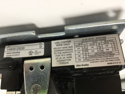 Used Allen Bradley 1494V-DS30 Disconnect Switch 30A 600VAC Right-Hand w/Handle