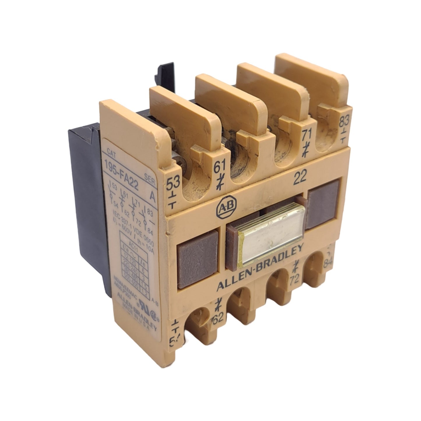 Used Allen Bradley 195-FA22 Auxiliary Contact Block, 2NO 2NC, 10A, Front Mount