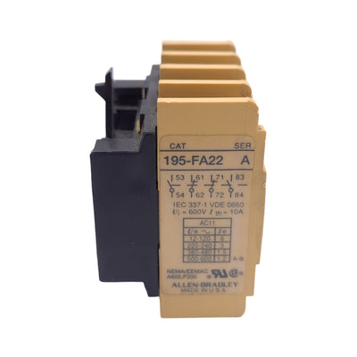 Used Allen Bradley 195-FA22 Auxiliary Contact Block, 2NO 2NC, 10A, Front Mount