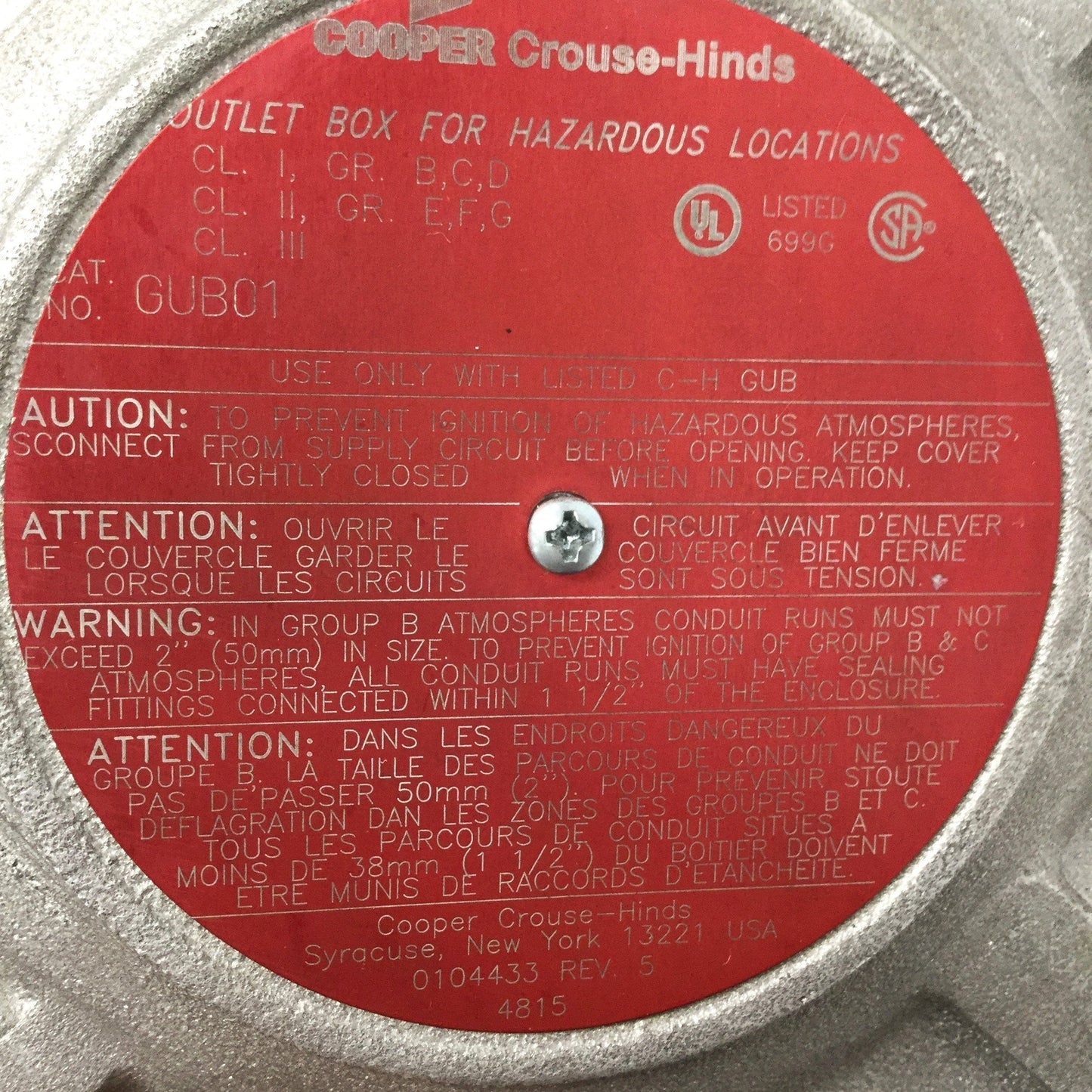Used Crouse-Hinds GUB01 Explosion Proof Enclosure Junction Box 6.5 x 7 x 5.75"