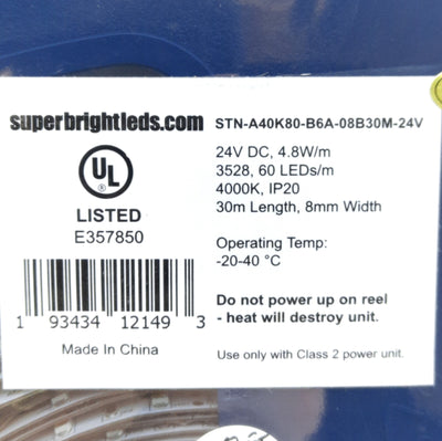New – Open box SuperBrightLEDs STN-A40K80-B6A-08B30M-24V Light Strip, 24VDC, 18 LED/Ft, 20m