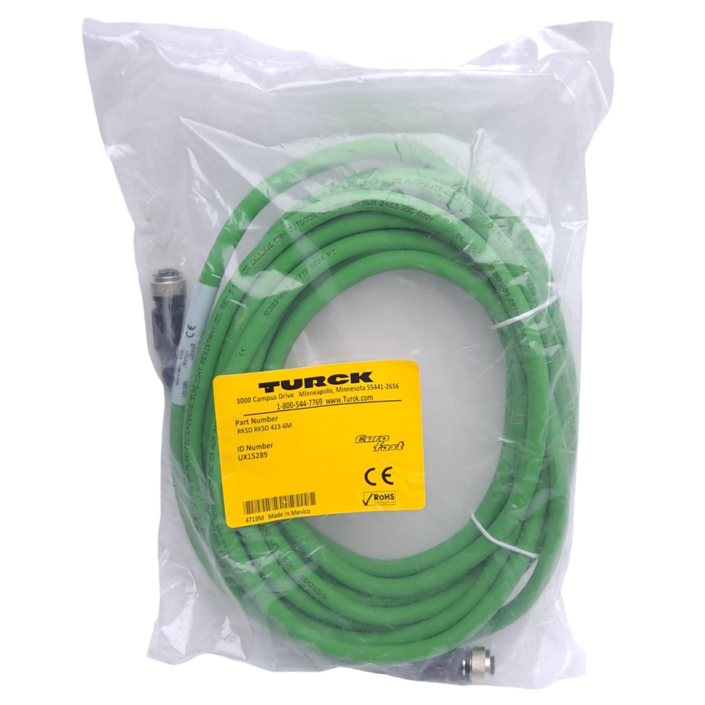 New Turck RKSD RKSD 423-6M UX15289 Cordset, 2x M12 4-Pin Female, 6m Length