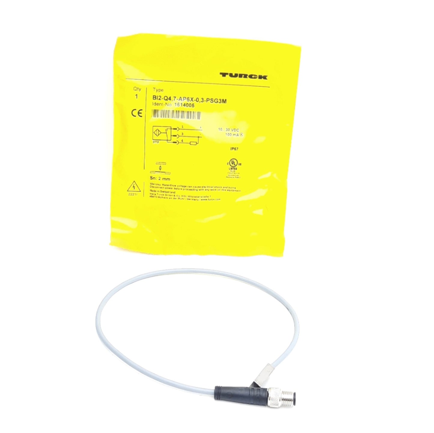 New Turck Bi2-Q4.7-AP6X-0.3-PSG3M Inductive Proximity Sensor, 2mm, 10-30VDC, PNP N/O