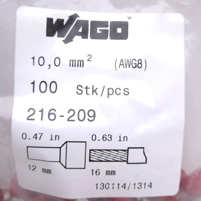 New Lot of 100 Wago 216-209 Ferrule, Single Wire, 8 AWG, Insulated, 12mm Pin Length