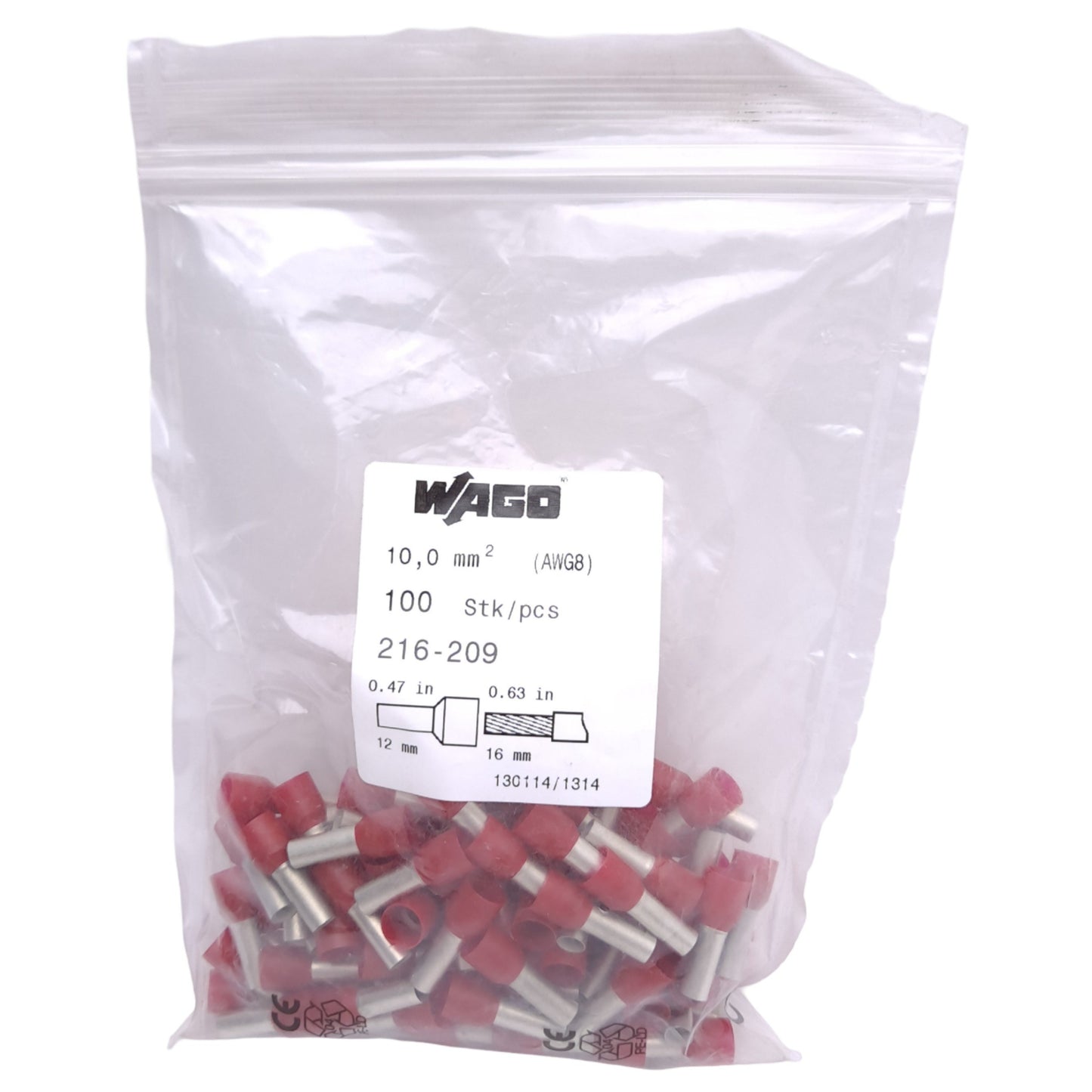 New Lot of 100 Wago 216-209 Ferrule, Single Wire, 8 AWG, Insulated, 12mm Pin Length