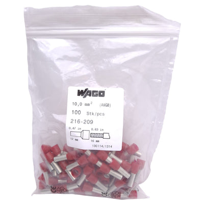 New Lot of 100 Wago 216-209 Ferrule, Single Wire, 8 AWG, Insulated, 12mm Pin Length