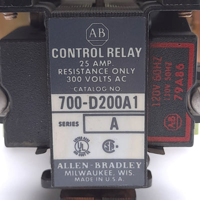 Used Allen Bradley 700-D200A1 Control Relay, 2-Pole, 2 NO, 25A, 110/120VAC Coil