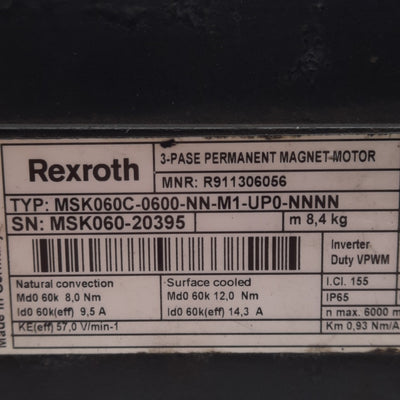 Used Rexroth MSK060C-0600-NN-M1-UP0-NNNN Synchronous Motor 3Ø 600VAC 9.5A 115mm Frame