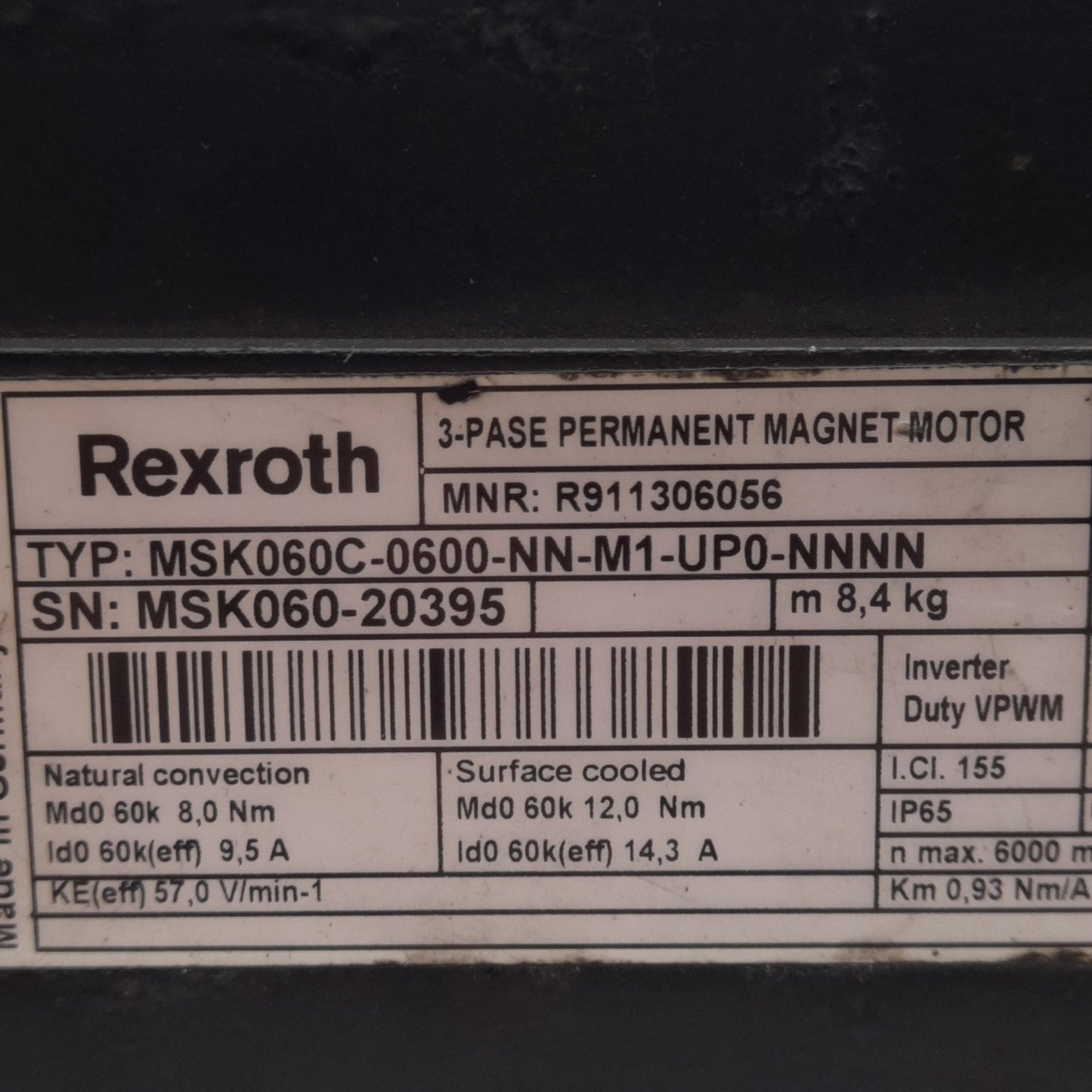 Used Rexroth MSK060C-0600-NN-M1-UP0-NNNN Synchronous Motor 3Ø 600VAC 9.5A 115mm Frame