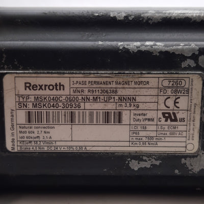 Used Rexroth MSK040C-0600-NN-M1-UP1-NNNN Synchronous Motor 3Ø 600VAC 3.1A 82mm Frame