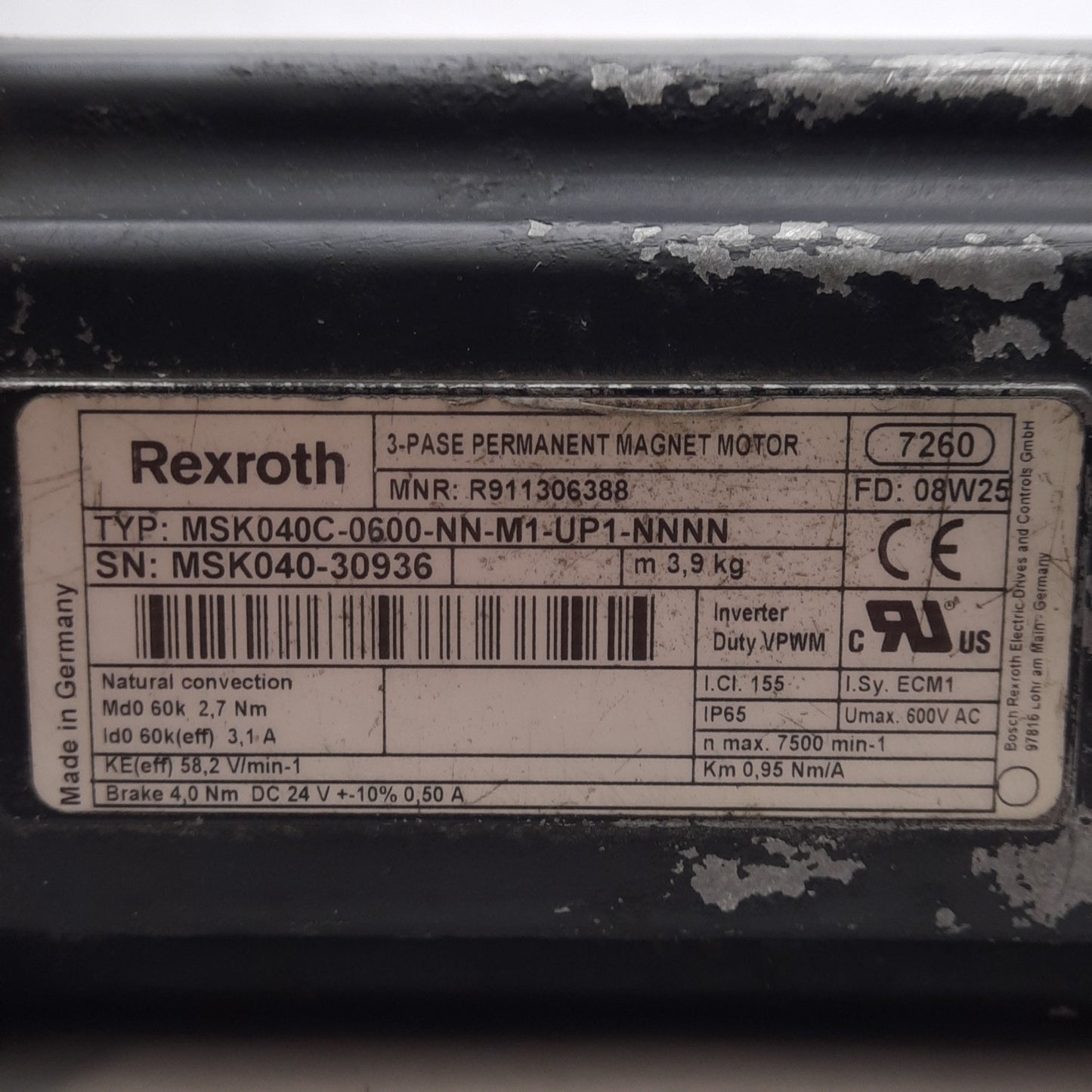 Used Rexroth MSK040C-0600-NN-M1-UP1-NNNN Synchronous Motor 3Ø 600VAC 3.1A 82mm Frame