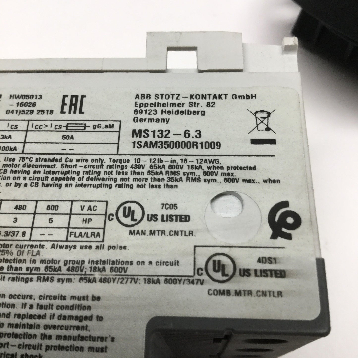 Used ABB MS132-6.3 Manual Motor Starter, 3-Pole, 600VAC/250VDC, 4.0-6.3A, DIN Rail